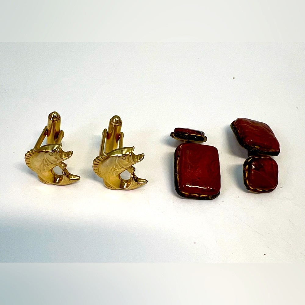 2 Sets Of Vintage Cufflinks, Gold Tone Bass Fish And Handmade Leather Cufflinks